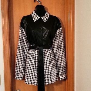 Women's XL Shein Black/Light Cream Hounds Tooth & PU Leather Blouse
